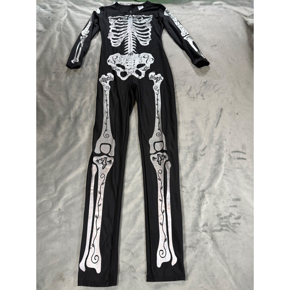 Spirit Skeleton Catsuit Costume Jumpsuit Womens Sm Black Silver Floral Stretch